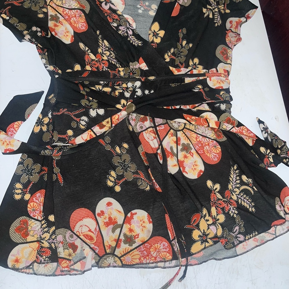 Red and Orange Floral Wrap Blouse with Flutter Sleeves